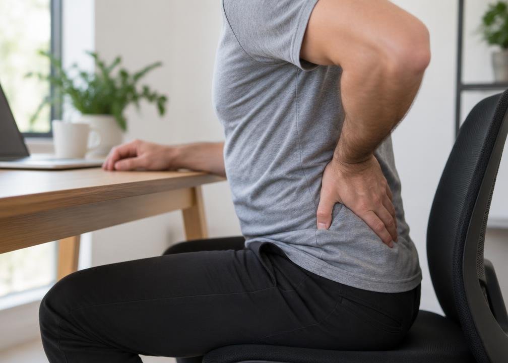 Office worker experiencing lower-back tension after prolonged sitting