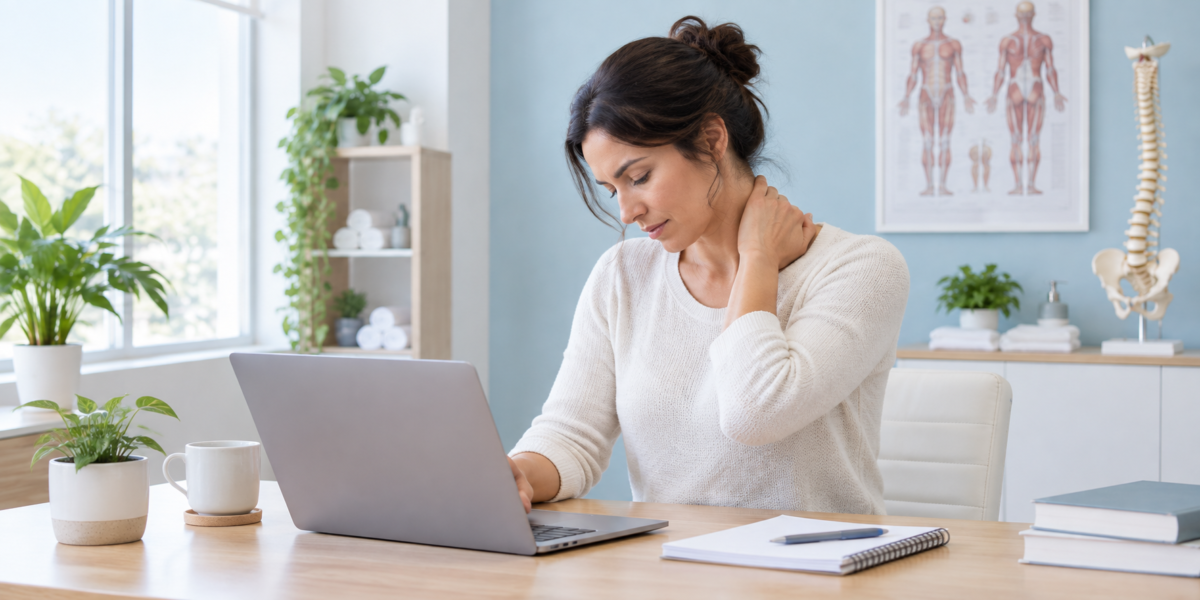 Office worker experiencing neck and shoulder tension during prolonged screen time