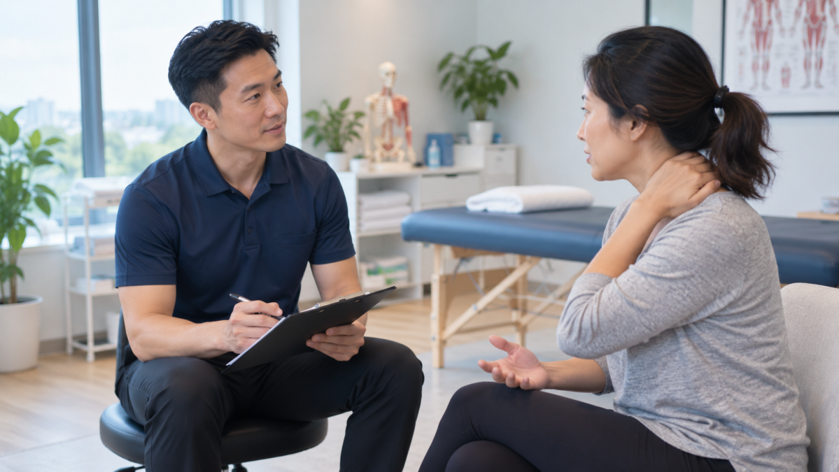 Registered Massage Therapist welcoming a first-time massage therapy client in Scarborough