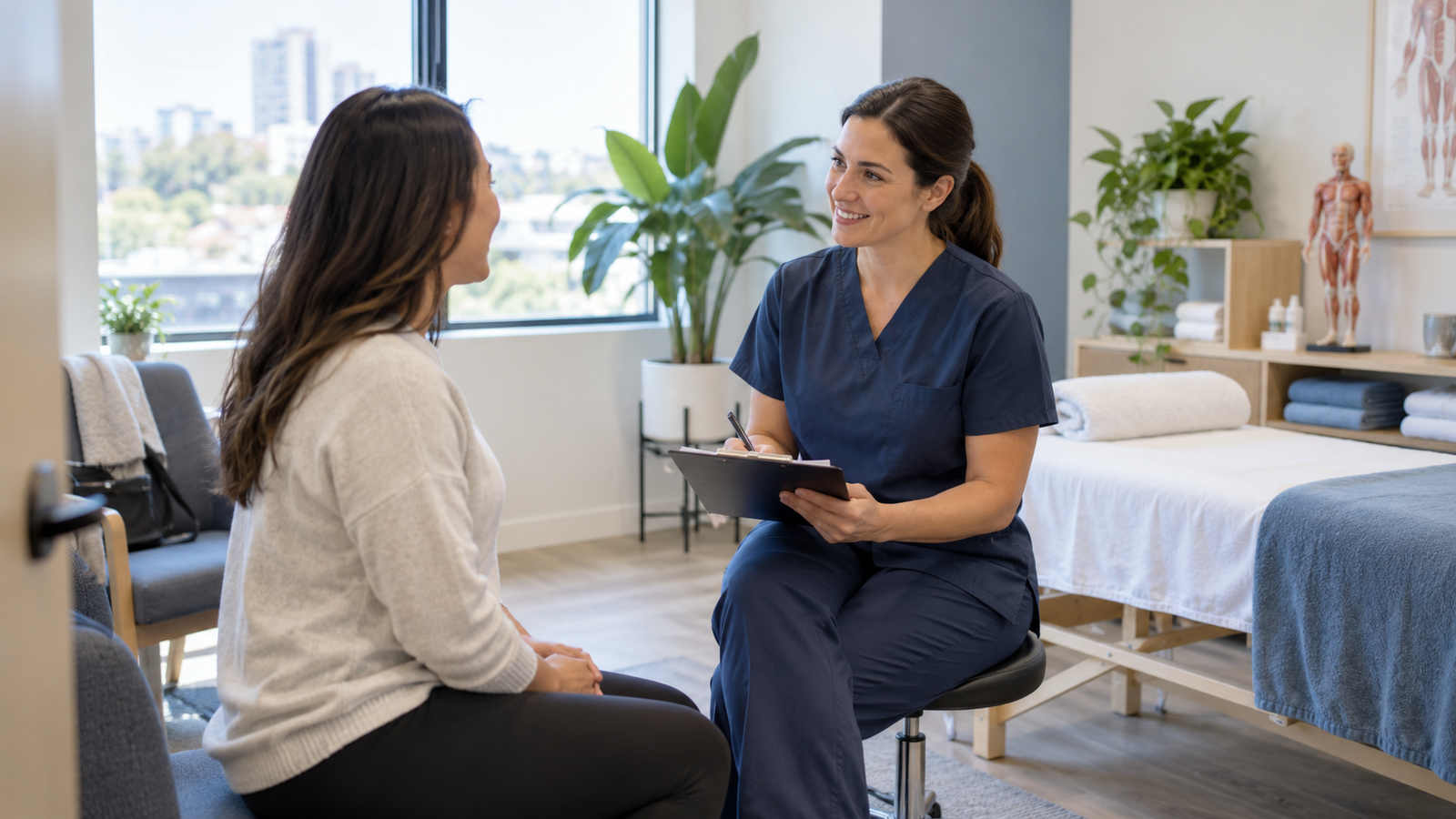 Registered Massage Therapist discussing health concerns and treatment goals with a Chinese female client during her first visit