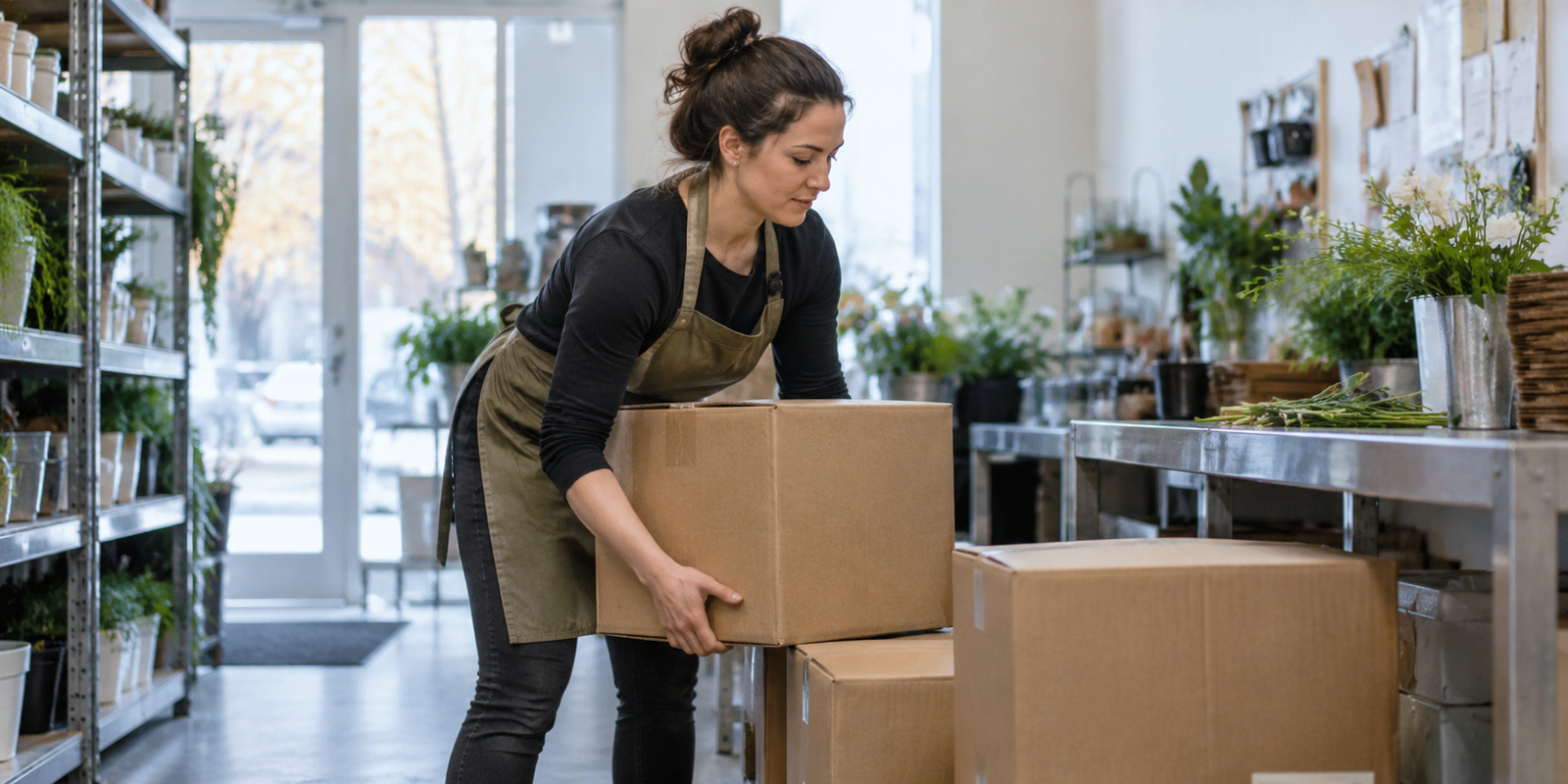 Worker lifting a box during physically demanding work that may contribute to muscle tension