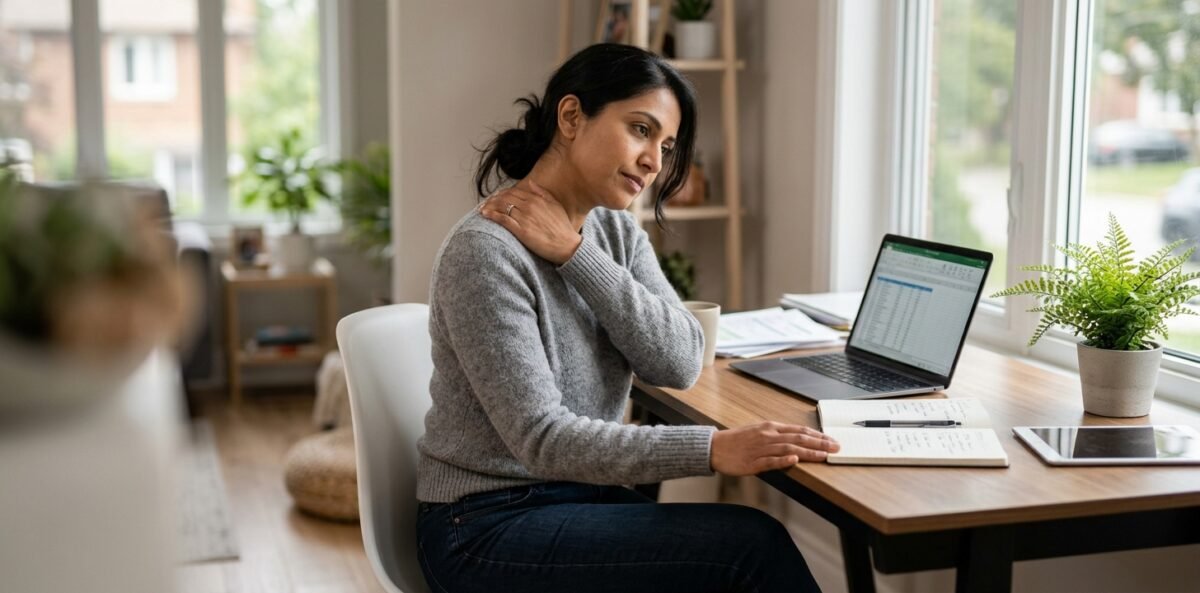 Adult using a smartphone in a posture that may contribute to neck and upper-back tension