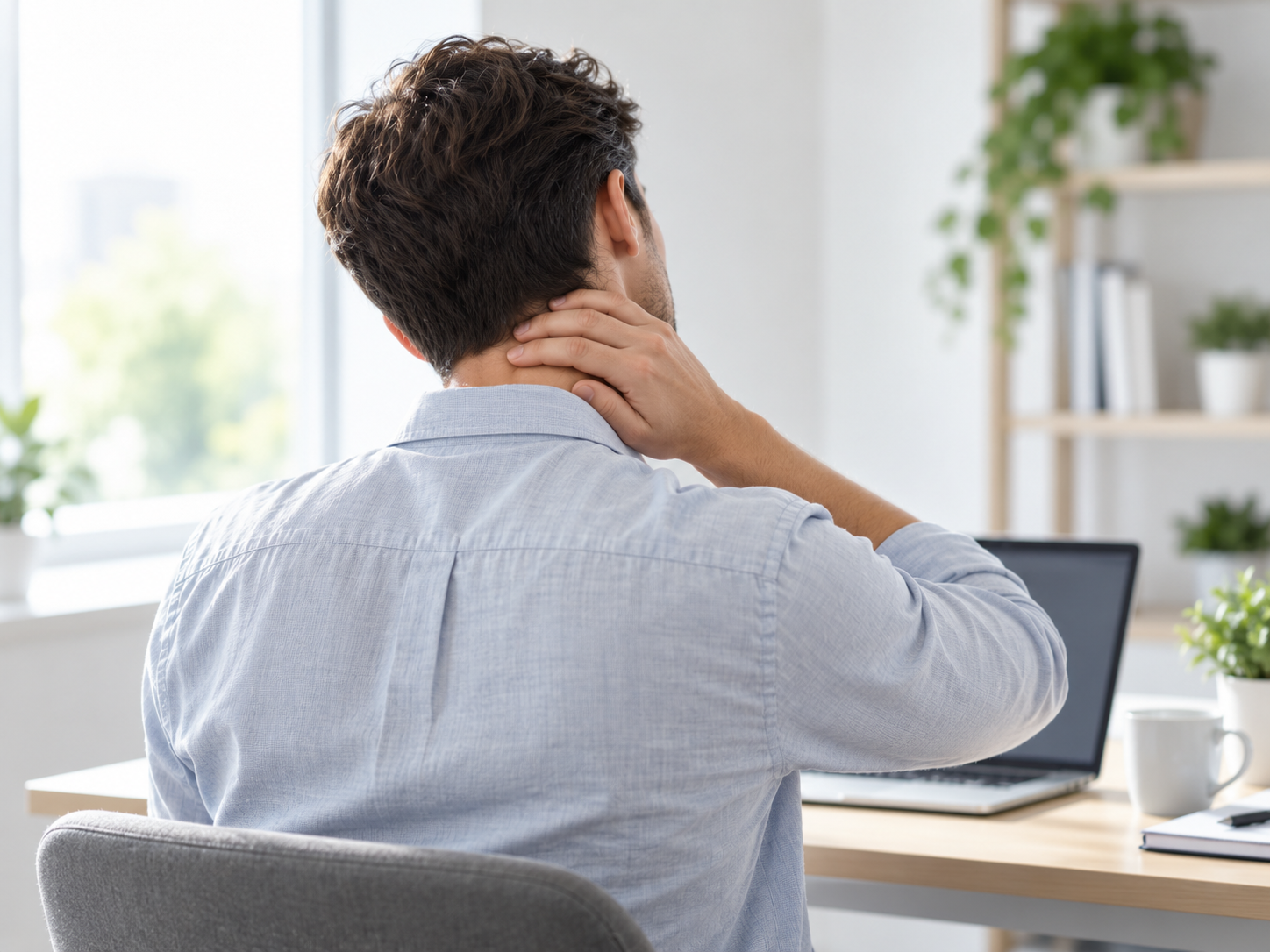 Office worker at a desk with neck and shoulder tension