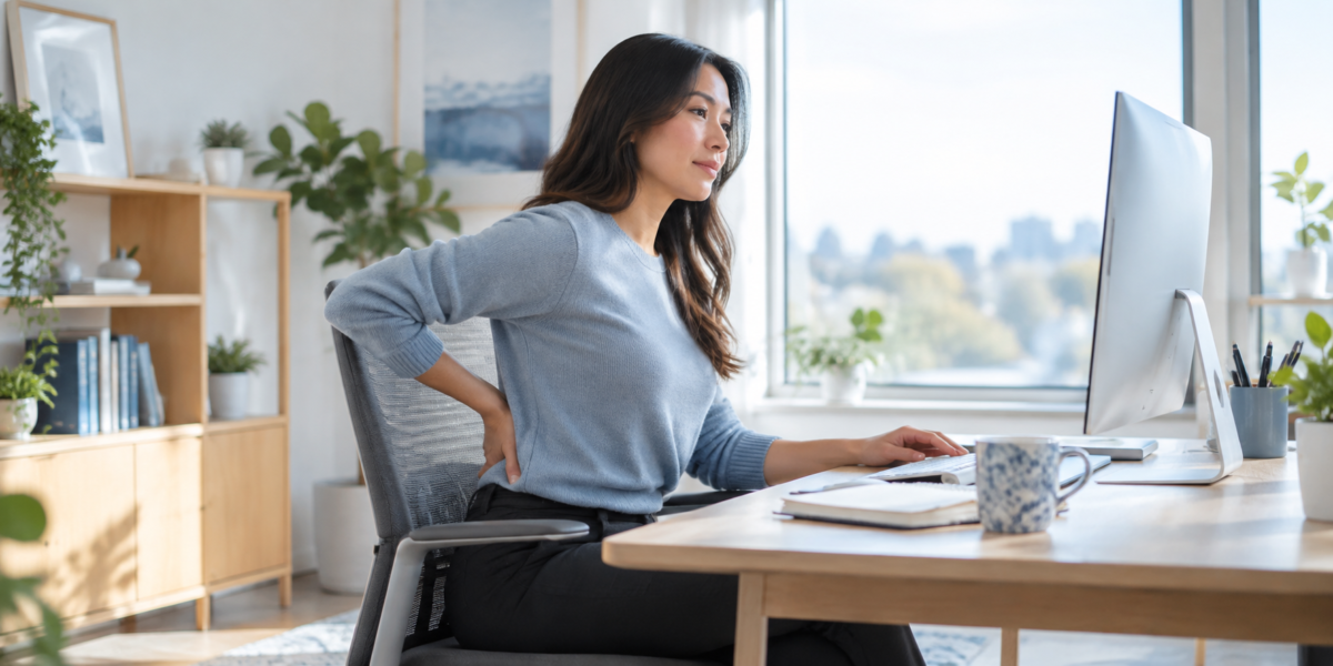 Office worker experiencing lower-back stiffness after prolonged sitting