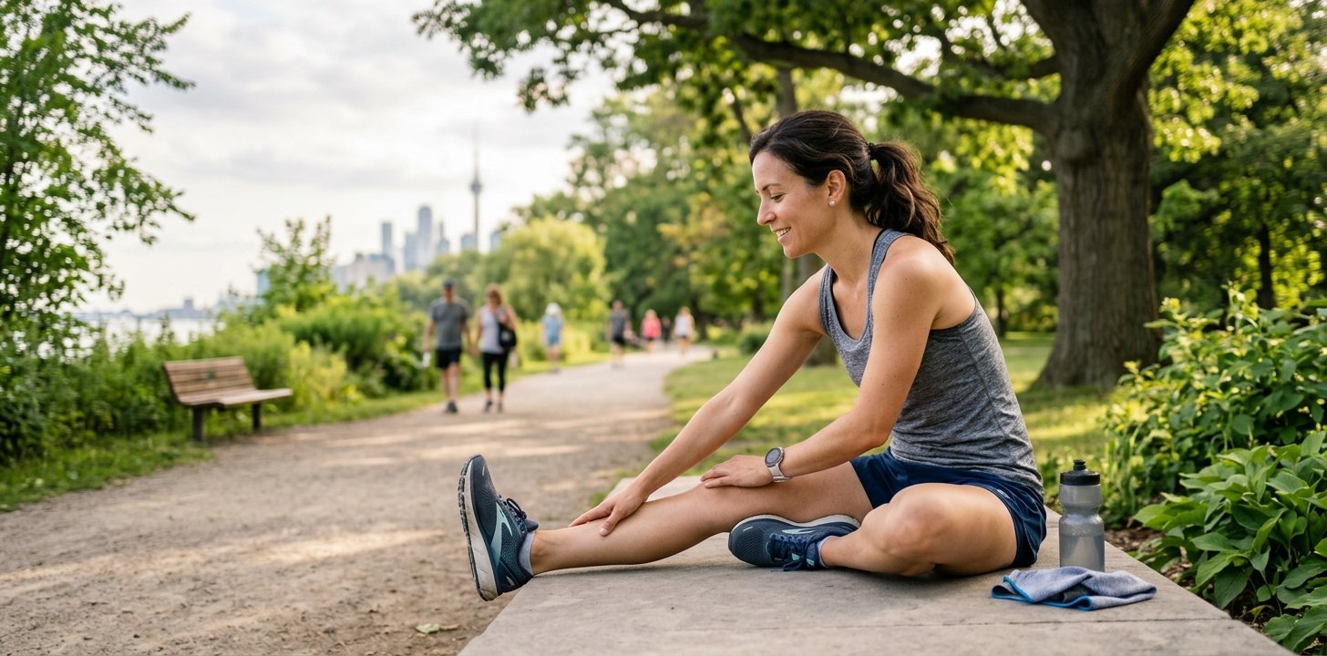 Recreational athlete stretching outdoors after exercise to support mobility and recovery