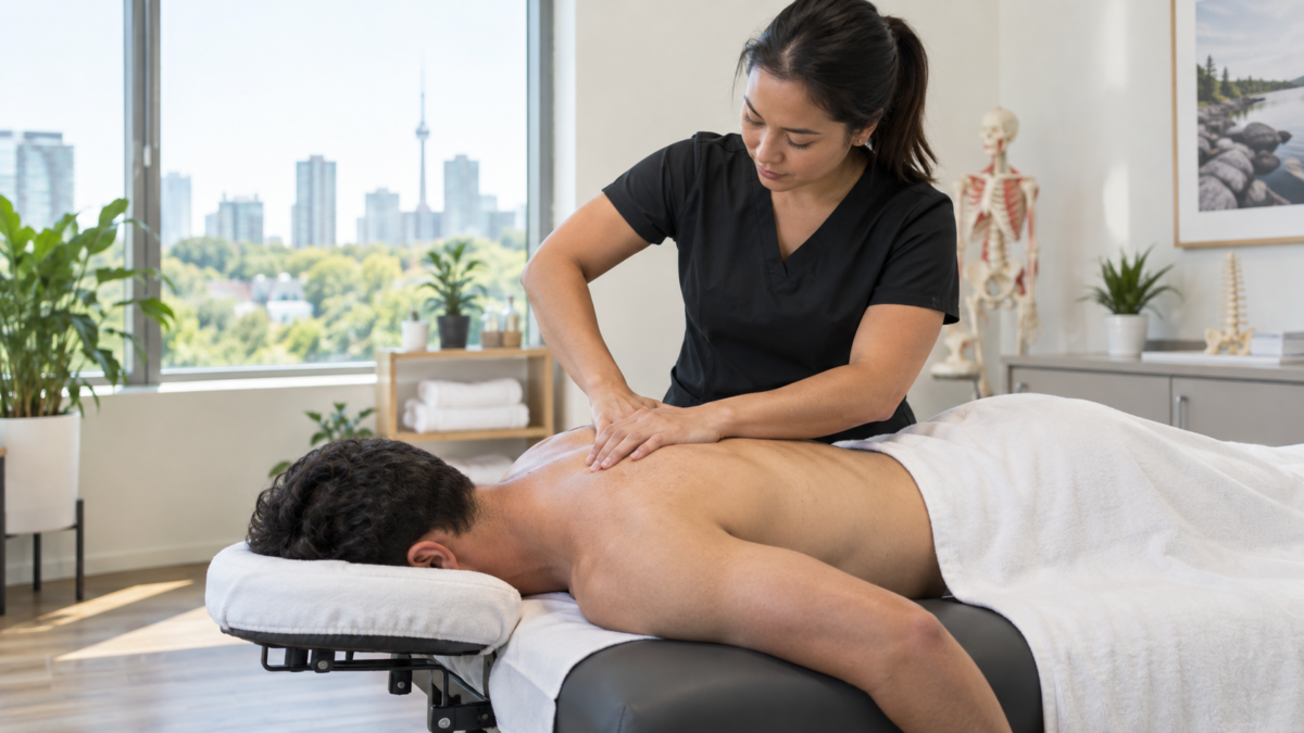Registered Massage Therapist providing sports massage therapy to an active adult in Scarborough