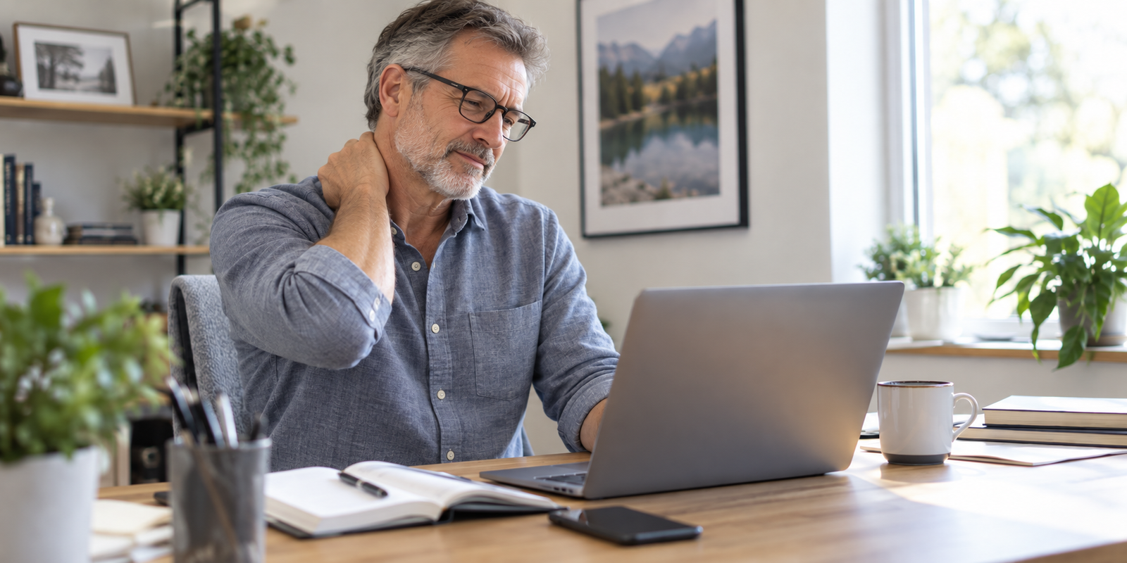 Adult experiencing neck and shoulder tension during a busy day